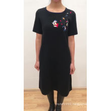 Wholesale Spring Short Sleeve Chiffon Pleated Patchwork Knitted Crew Neck Women Chinese Flower Embroidered Dresses